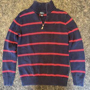 Polo Ralph Lauren Sz XL‎ Quarter Zip Blue Red Stripe 100% Cotton